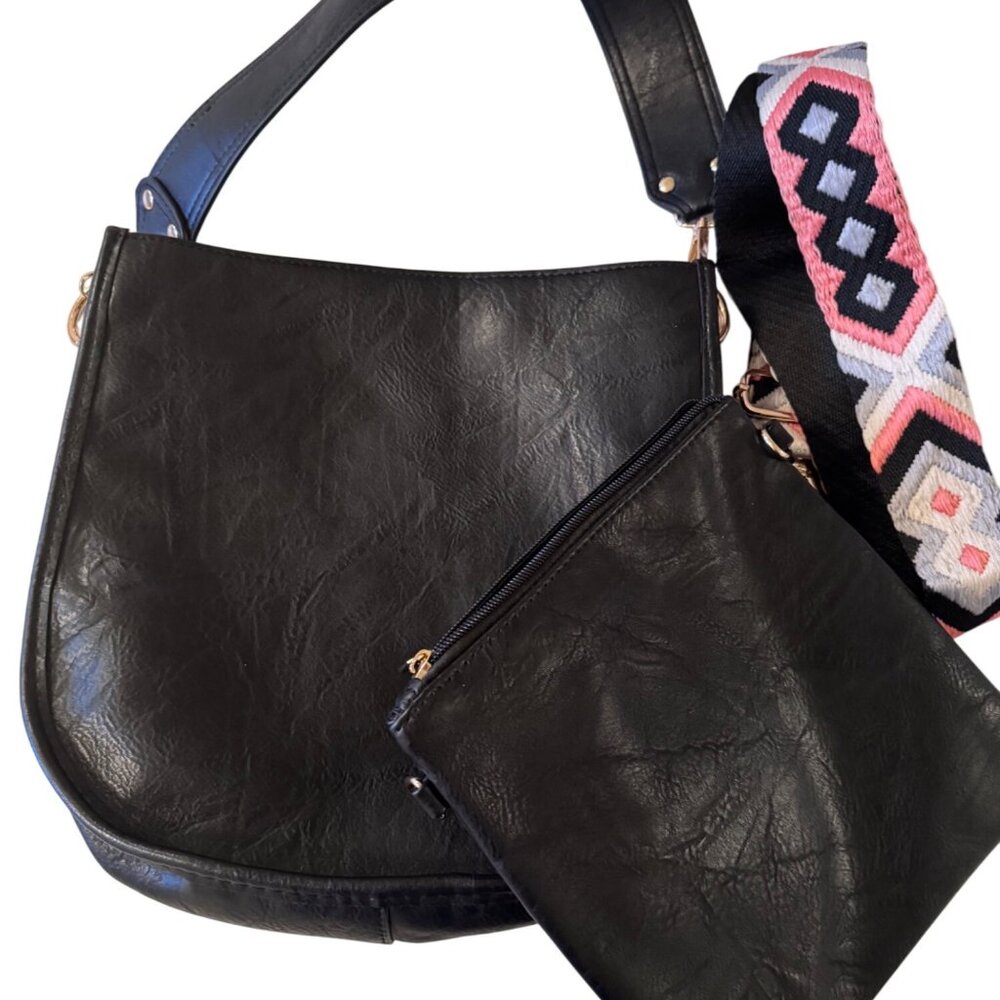2- Ah Dorned Black Faux Leather Crossbody Bag Aztec Strap NWT